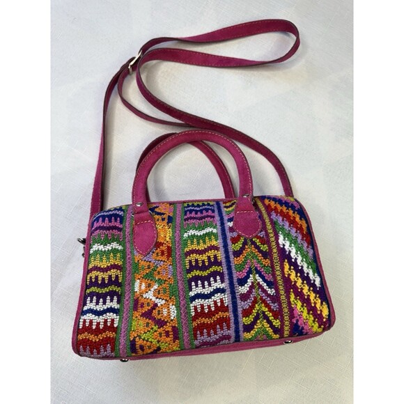 Guatemalan Huipil Embroidered Handbag Suede Leather Boho Crossbody Strap - Picture 1 of 14